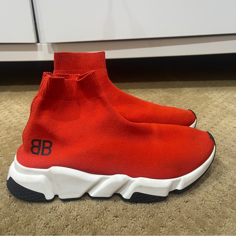 Balenciaga Red Knit Fabric Speed Trainer BB Sock Sneakers